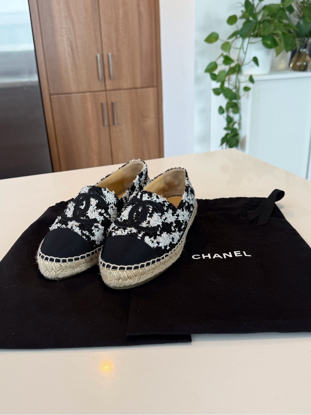 CHANEL Black and White Tweed Espadrilles with CC Logo